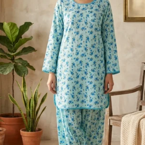 Blue Floral Farshi Kurta Set for Women with Printed Farshi Pant