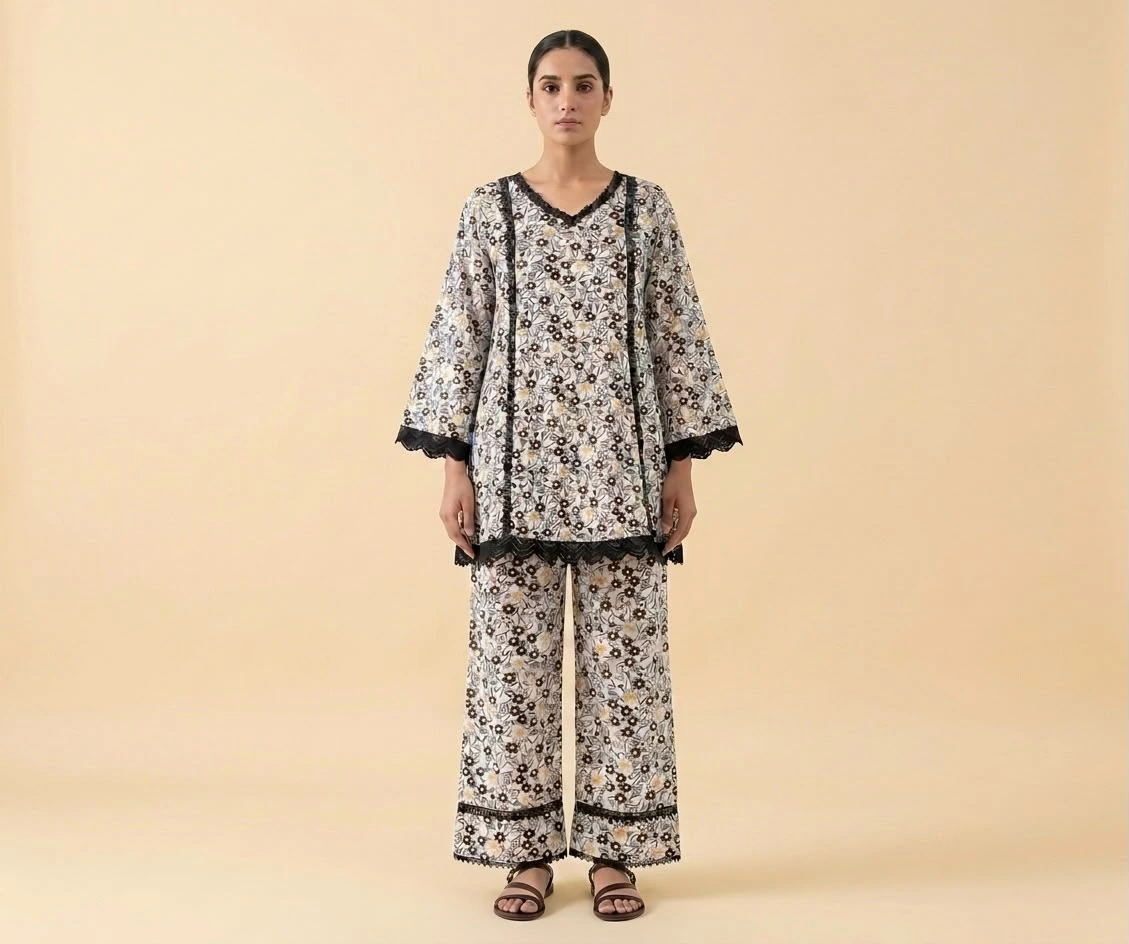 Elegant Floral A Line Co-Ord Set for Women with Lace Detailing Printed Two Piece Outfit