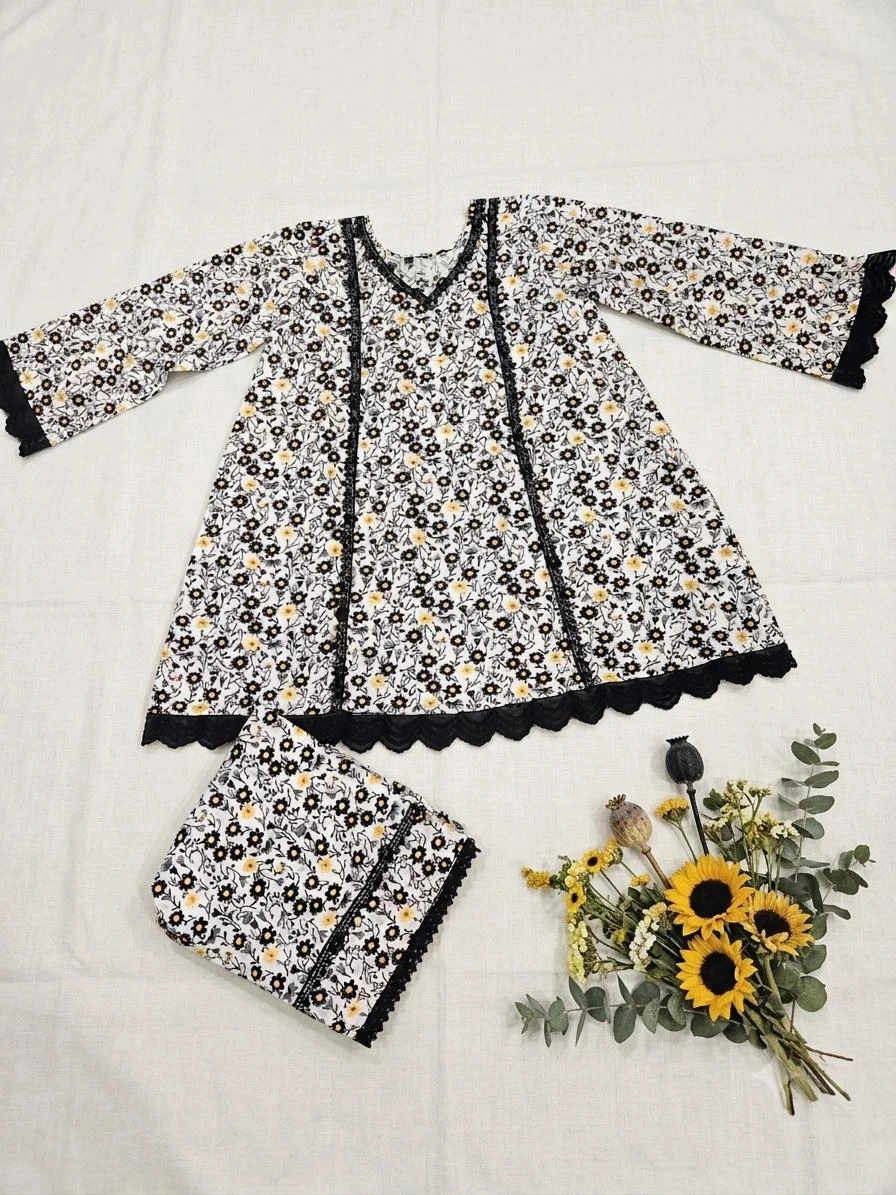 Elegant Floral A Line Co-Ord Set for Women with Lace Detailing Printed Two Piece Outfit