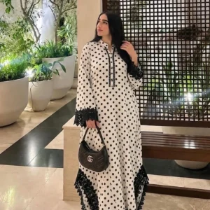 Polka Dot Lace Tunic Dress in black and white crepe with lace detailing