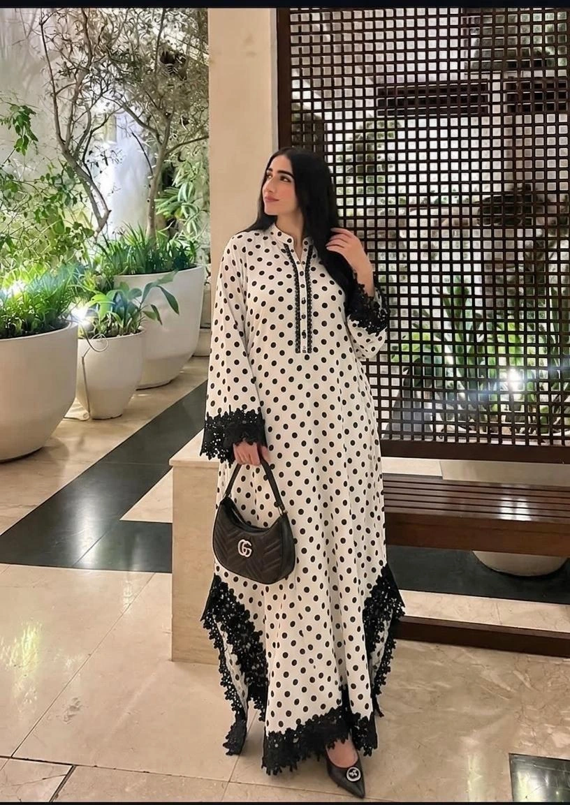 Polka Dot Lace Tunic Dress in black and white crepe with lace detailing