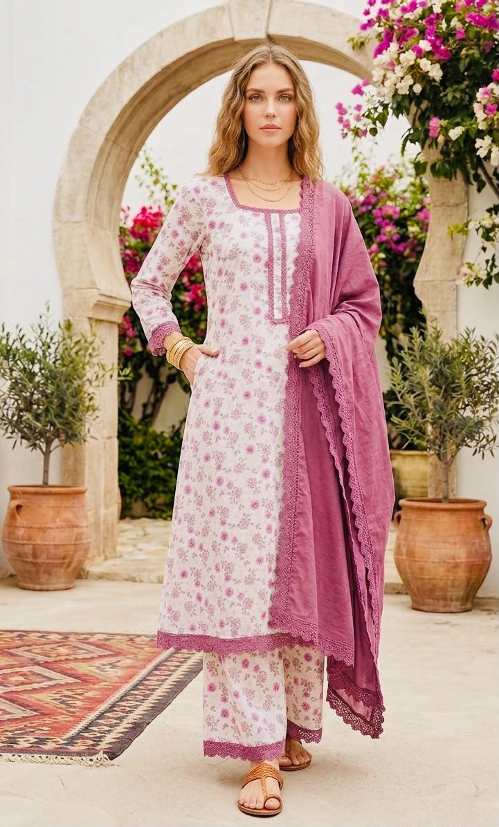 A Line Floral Printed Kurti Palazzo Set with Dupatta in viscose cotton