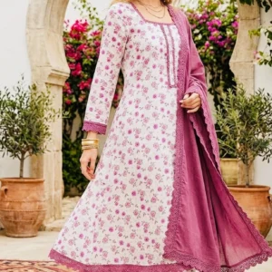 A Line Floral Printed Kurti Palazzo Set with Dupatta in viscose cotton