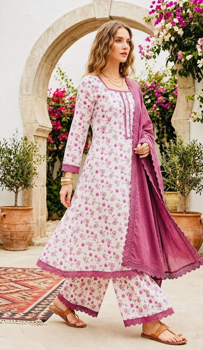 A Line Floral Printed Kurti Palazzo Set with Dupatta in viscose cotton
