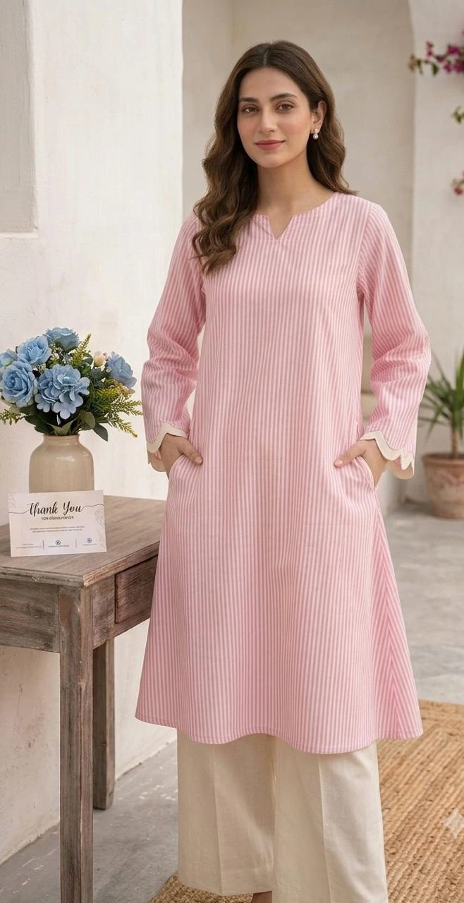 Pink striped pure cotton cambric kurta pant set for women with pockets