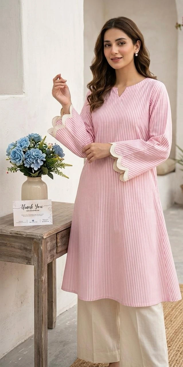 Pink Striped Pure Cotton Cambric Kurta Pant Set for Women