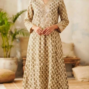 A Line Kurti Palazzo Set for Women in Pure Cotton with Printed Design and Lace Detailing