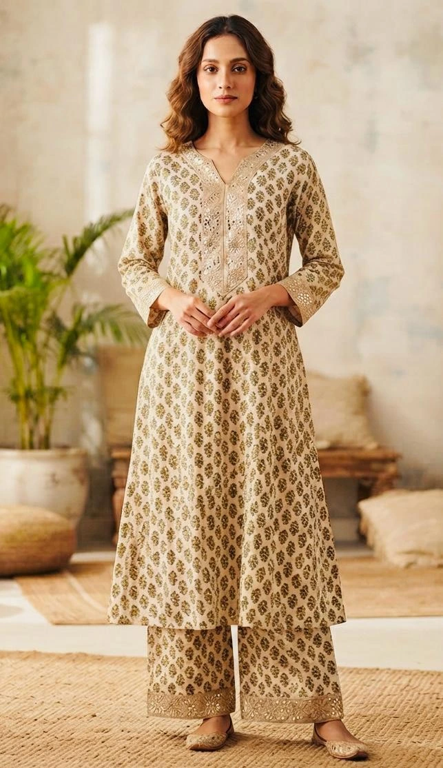 A Line Kurti Palazzo Set for Women in Pure Cotton with Printed Design and Lace Detailing