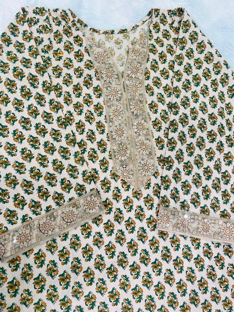A Line Kurti Palazzo Set for Women in Pure Cotton with Printed Design and Lace Detailing