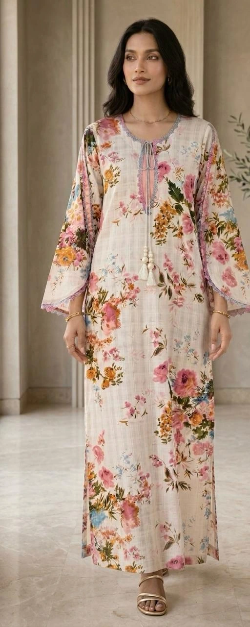 Cream designer Pakistani floral kaftan dress in imported fabric with embroidered lace neckline and tassel details.