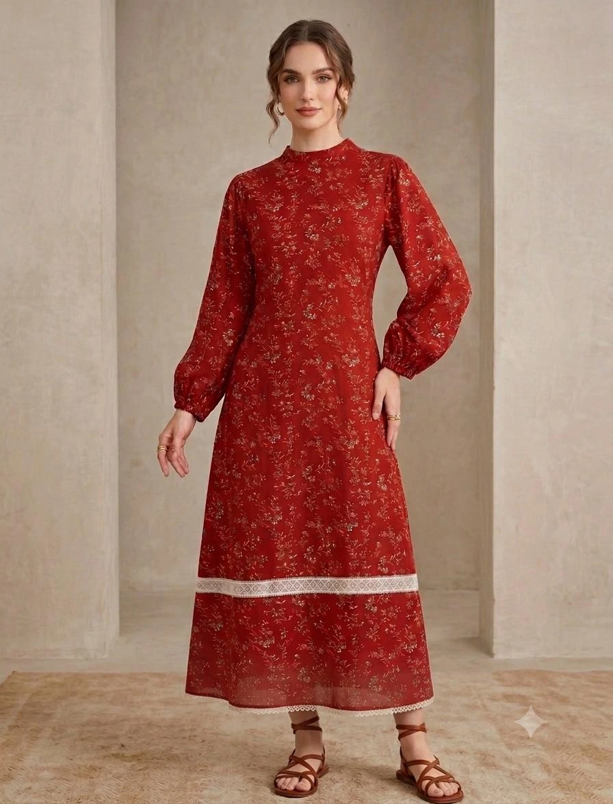 Vintage style floral high neck dress with balloon sleeves in rust red bubble crepe fabric featuring lace trim details.